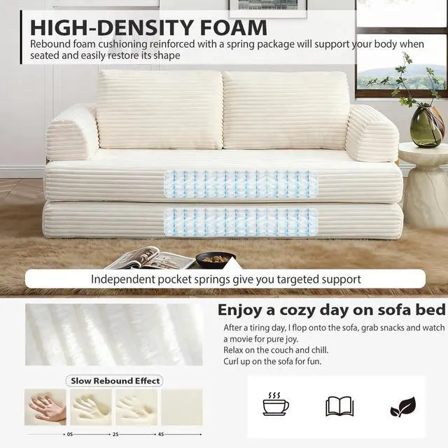 Alt view image 4 of 7 - 80 Convertible Sleeper Sofa Bed, High Back Plush Corduroy Boneless Futon Loveseat with Pull Out Bed, Fixed-Shape Folding Floor Mattress Couch, No Assembly Required (Beige)