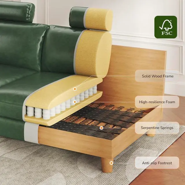 Alt view image 3 of 7 - 87" Couch Premium PU Leather Sofa with Headrest, Comfy 27" Extra Deep Seat 3 Seater Couch for Living Room, Includes 2 Pillows, Green
