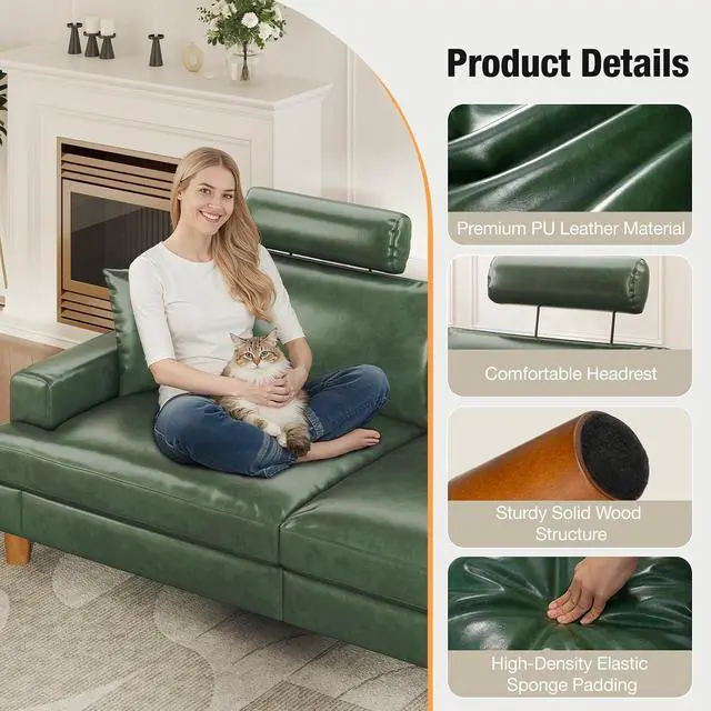 Alt view image 7 of 7 - 87" Couch Premium PU Leather Sofa with Headrest, Comfy 27" Extra Deep Seat 3 Seater Couch for Living Room, Includes 2 Pillows, Green