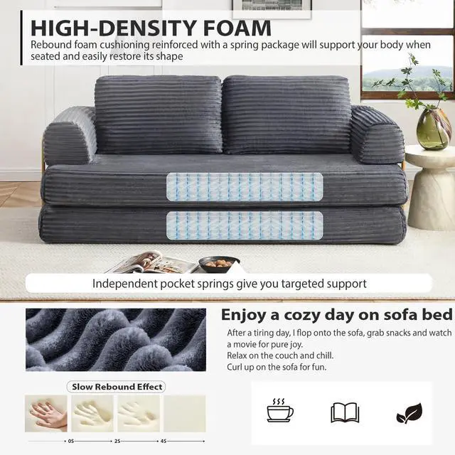 Alt view image 4 of 7 - 80 Convertible Sleeper Sofa Bed, High Back Plush Corduroy Boneless Futon Loveseat with Pull Out Bed, Fixed-Shape Folding Floor Mattress Couch, No Assembly Required (Grey)