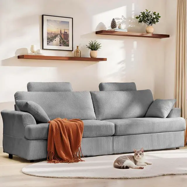 Main image of Sofa, Comfy Couch Sofa with Deep Seat and Thick Cushion, Upholstered Linen Fabric Couch for Living Room Bedroom Office with 2 Pillows, Gray