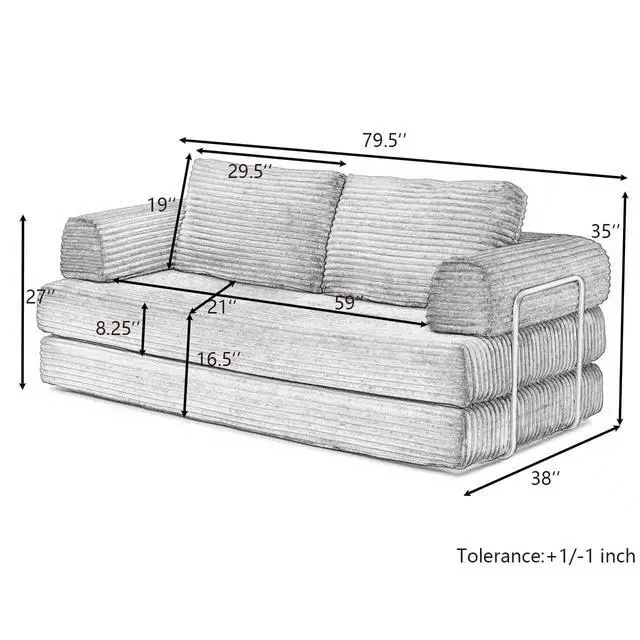 Alt view image 2 of 7 - 80 Convertible Sleeper Sofa Bed, High Back Plush Corduroy Boneless Futon Loveseat with Pull Out Bed, Fixed-Shape Folding Floor Mattress Couch, No Assembly Required (Orange)