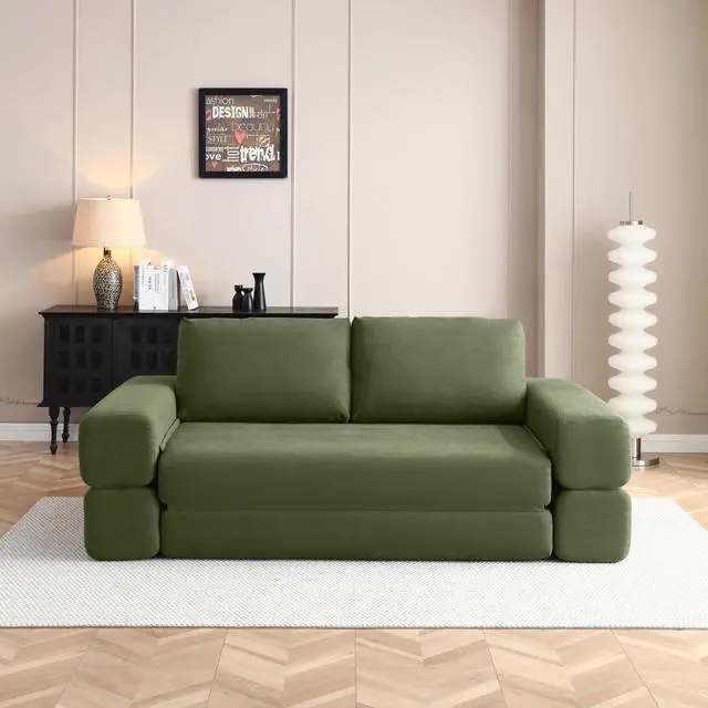 Main image of 81 Convertible Sleeper Sofa Bed, High Back Plush Corduroy Boneless Futon Loveseat with Pull Out Bed, Folding Floor Mattress Couch, No Assembly Required (Green)