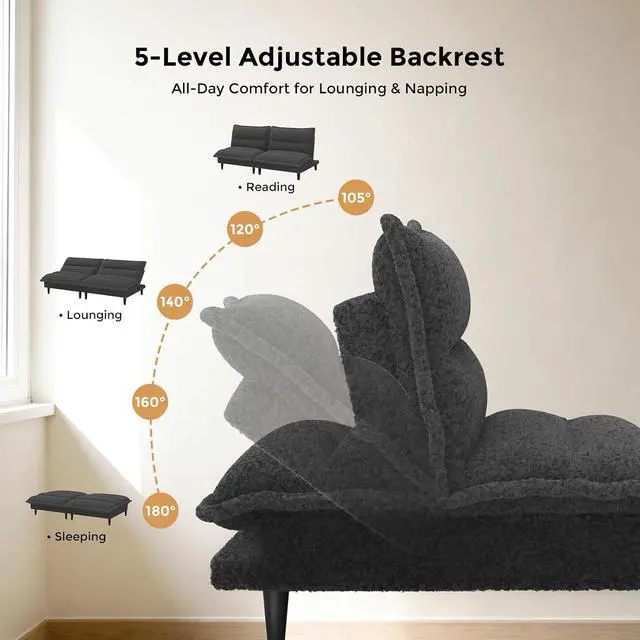 Alt view image 3 of 7 - Futon Sofa Bed, 4 in 1 Convertible Sofa with Adjustable Backrest, 71" Teddy Plush Fabric Loveseat Sleeper Couch for Living Room, Apartment, Office, Gray