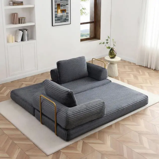 Alt view image 7 of 7 - 80 Convertible Sleeper Sofa Bed, High Back Plush Corduroy Boneless Futon Loveseat with Pull Out Bed, Fixed-Shape Folding Floor Mattress Couch, No Assembly Required (Grey)