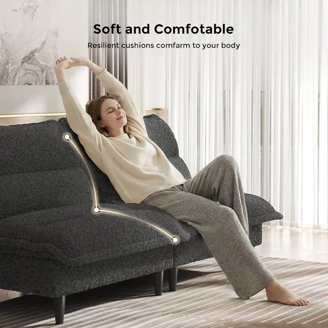 Alt view image 4 of 7 - Futon Sofa Bed, 4 in 1 Convertible Sofa with Adjustable Backrest, 71" Teddy Plush Fabric Loveseat Sleeper Couch for Living Room, Apartment, Office, Gray