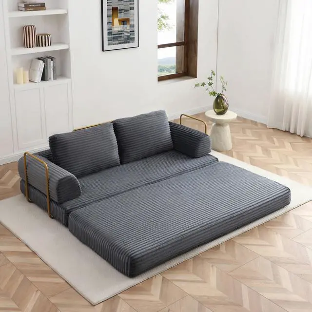 Alt view image 6 of 7 - 80 Convertible Sleeper Sofa Bed, High Back Plush Corduroy Boneless Futon Loveseat with Pull Out Bed, Fixed-Shape Folding Floor Mattress Couch, No Assembly Required (Grey)