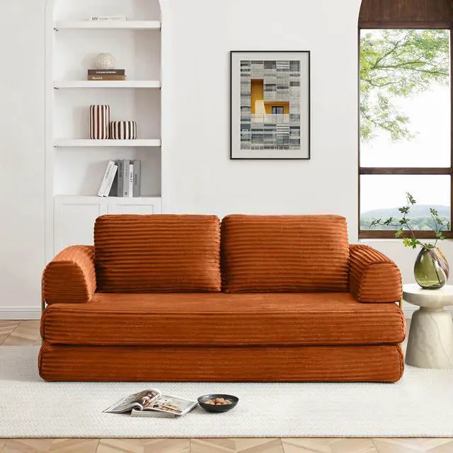 Alt view image 5 of 7 - 80 Convertible Sleeper Sofa Bed, High Back Plush Corduroy Boneless Futon Loveseat with Pull Out Bed, Fixed-Shape Folding Floor Mattress Couch, No Assembly Required (Orange)