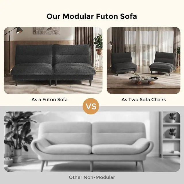 Alt view image 7 of 7 - Futon Sofa Bed, 4 in 1 Convertible Sofa with Adjustable Backrest, 71" Teddy Plush Fabric Loveseat Sleeper Couch for Living Room, Apartment, Office, Gray