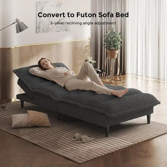 Alt view image 5 of 7 - Futon Sofa Bed, 4 in 1 Convertible Sofa with Adjustable Backrest, 71" Teddy Plush Fabric Loveseat Sleeper Couch for Living Room, Apartment, Office, Gray