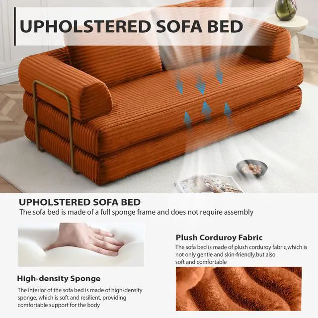 Alt view image 4 of 7 - 80 Convertible Sleeper Sofa Bed, High Back Plush Corduroy Boneless Futon Loveseat with Pull Out Bed, Fixed-Shape Folding Floor Mattress Couch, No Assembly Required (Orange)