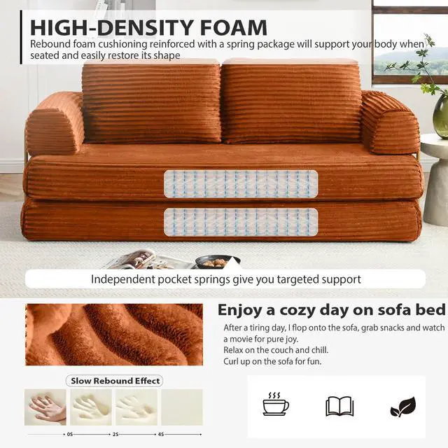 Alt view image 3 of 7 - 80 Convertible Sleeper Sofa Bed, High Back Plush Corduroy Boneless Futon Loveseat with Pull Out Bed, Fixed-Shape Folding Floor Mattress Couch, No Assembly Required (Orange)