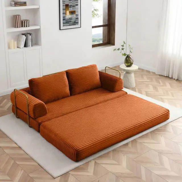 Alt view image 6 of 7 - 80 Convertible Sleeper Sofa Bed, High Back Plush Corduroy Boneless Futon Loveseat with Pull Out Bed, Fixed-Shape Folding Floor Mattress Couch, No Assembly Required (Orange)