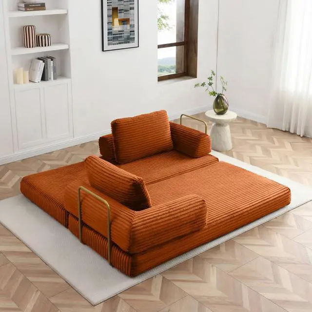 Alt view image 7 of 7 - 80 Convertible Sleeper Sofa Bed, High Back Plush Corduroy Boneless Futon Loveseat with Pull Out Bed, Fixed-Shape Folding Floor Mattress Couch, No Assembly Required (Orange)