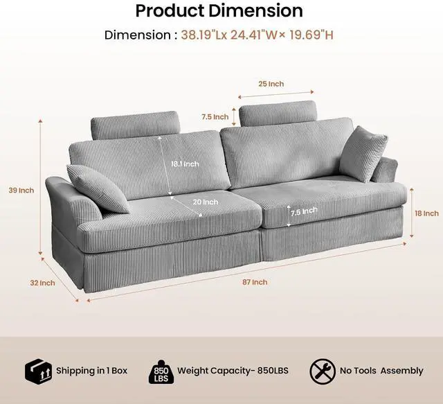 Alt view image 2 of 7 - Sofa, Comfy Couch Sofa with Deep Seat and Thick Cushion, Upholstered Linen Fabric Couch for Living Room Bedroom Office with 2 Pillows, Gray