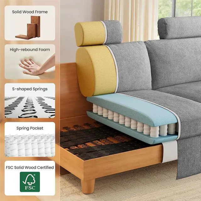 Alt view image 5 of 7 - Sofa, Comfy Couch Sofa with Deep Seat and Thick Cushion, Upholstered Linen Fabric Couch for Living Room Bedroom Office with 2 Pillows, Gray