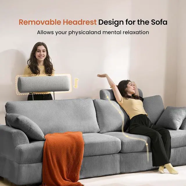 Alt view image 3 of 7 - Sofa, Comfy Couch Sofa with Deep Seat and Thick Cushion, Upholstered Linen Fabric Couch for Living Room Bedroom Office with 2 Pillows, Gray