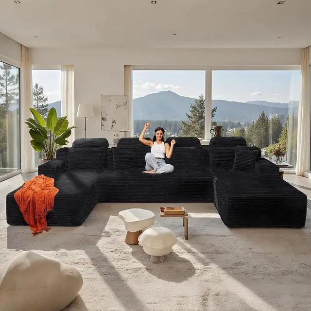Alt view image 2 of 7 - 141" Super Large High Backrest Sectional Sofa&CouchU-Shaped Soft Corduroy Modular Boneless Sofa with Deep Seat for Living Room Bedroom, Black