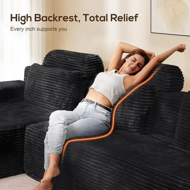 Alt view image 4 of 7 - 141" Super Large High Backrest Sectional Sofa&CouchU-Shaped Soft Corduroy Modular Boneless Sofa with Deep Seat for Living Room Bedroom, Black