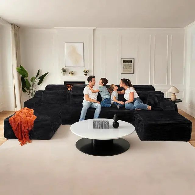 Alt view image 3 of 7 - 141" Super Large High Backrest Sectional Sofa&CouchU-Shaped Soft Corduroy Modular Boneless Sofa with Deep Seat for Living Room Bedroom, Black