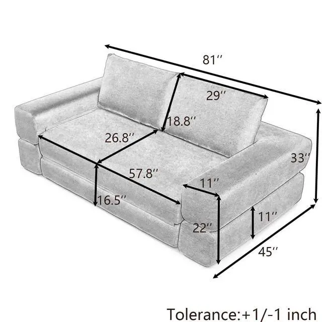 Alt view image 2 of 7 - 81 Convertible Sleeper Sofa Bed, High Back Plush Corduroy Boneless Futon Loveseat with Pull Out Bed, Folding Floor Mattress Couch, No Assembly Required (Orange)