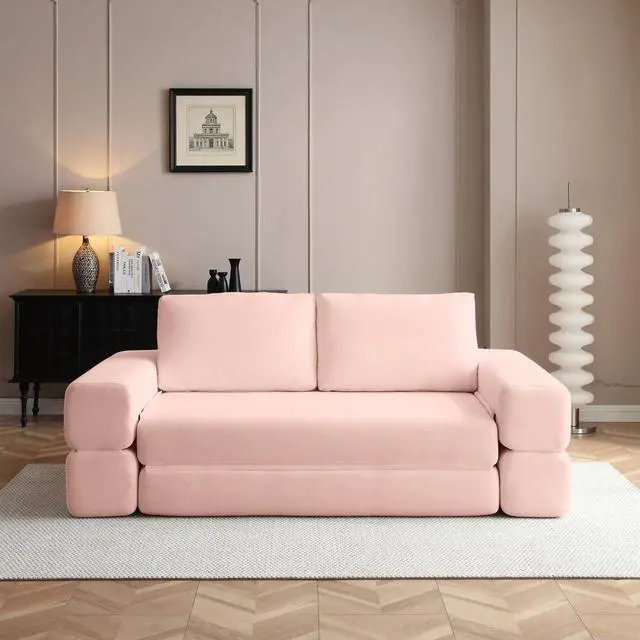Main image of 81 Convertible Sleeper Sofa Bed, High Back Plush Corduroy Boneless Futon Loveseat with Pull Out Bed, Folding Floor Mattress Couch, No Assembly Required (Pink)