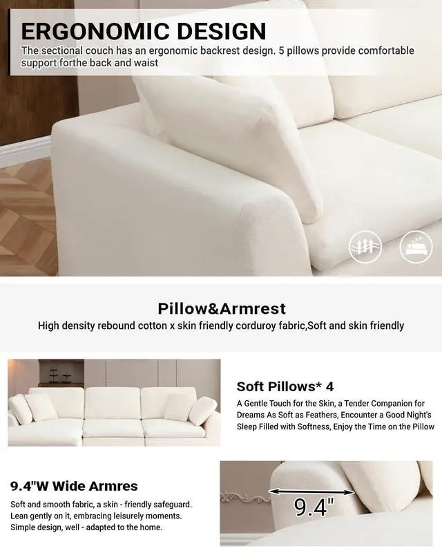 Alt view image 4 of 6 - 111" Cloud Modular Sectional Sofa, Deep Seat Memory Foam L-Shape Couch with Ottoman, Convertible Modular Sofa Couch for Living Room Apartment, Upholstered Boneless Sectional, No Assembly (Beige)