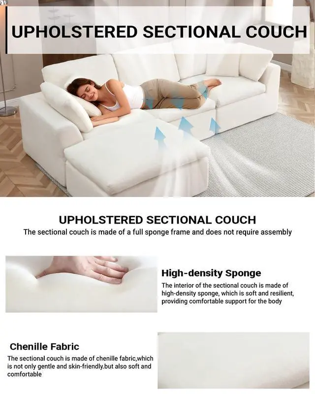 Alt view image 3 of 6 - 111" Cloud Modular Sectional Sofa, Deep Seat Memory Foam L-Shape Couch with Ottoman, Convertible Modular Sofa Couch for Living Room Apartment, Upholstered Boneless Sectional, No Assembly (Beige)