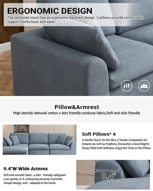 Alt view image 4 of 6 - 111" Cloud Modular Sectional Sofa, Deep Seat Memory Foam L-Shape Couch with Ottoman, Convertible Modular Sofa Couch for Living Room Apartment, Upholstered Boneless Sectional, No Assembly (Gray)