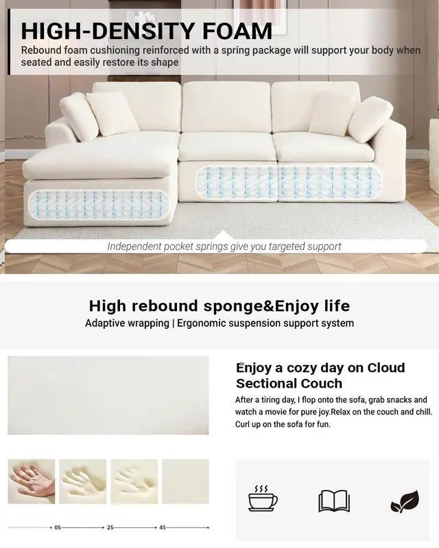 Alt view image 5 of 6 - 111" Cloud Modular Sectional Sofa, Deep Seat Memory Foam L-Shape Couch with Ottoman, Convertible Modular Sofa Couch for Living Room Apartment, Upholstered Boneless Sectional, No Assembly (Beige)