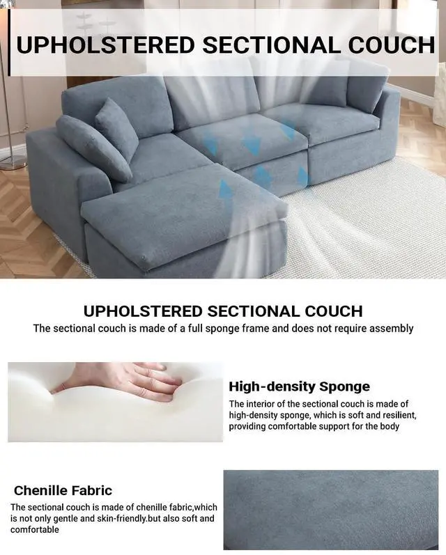 Alt view image 3 of 6 - 111" Cloud Modular Sectional Sofa, Deep Seat Memory Foam L-Shape Couch with Ottoman, Convertible Modular Sofa Couch for Living Room Apartment, Upholstered Boneless Sectional, No Assembly (Gray)