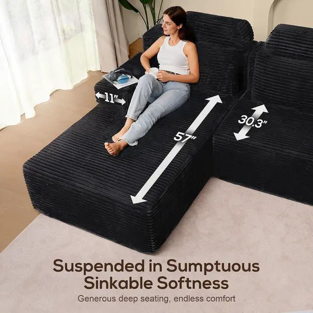 Alt view image 5 of 7 - 141" Super Large High Backrest Sectional Sofa&CouchU-Shaped Soft Corduroy Modular Boneless Sofa with Deep Seat for Living Room Bedroom, Black