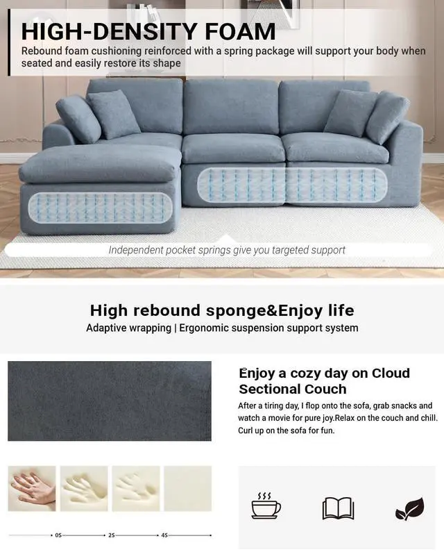 Alt view image 5 of 6 - 111" Cloud Modular Sectional Sofa, Deep Seat Memory Foam L-Shape Couch with Ottoman, Convertible Modular Sofa Couch for Living Room Apartment, Upholstered Boneless Sectional, No Assembly (Gray)