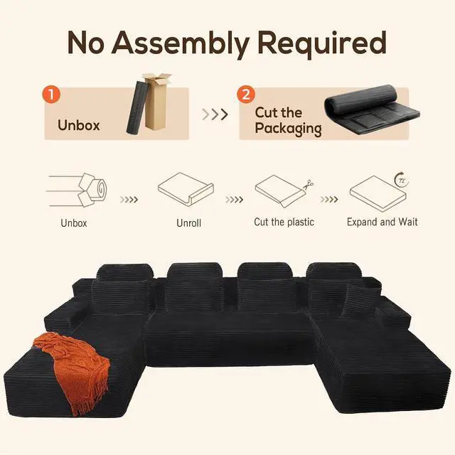 Alt view image 6 of 7 - 141" Super Large High Backrest Sectional Sofa&CouchU-Shaped Soft Corduroy Modular Boneless Sofa with Deep Seat for Living Room Bedroom, Black