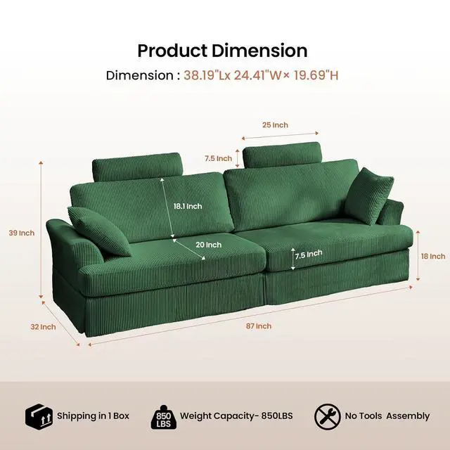 Alt view image 2 of 7 - 87" Cloud Comfy Sofa Couch with Deep Seat and Thick Cushion, Corduroy Upholstered Fabric Soft for Living Room Office, Green (Includes Headrest)