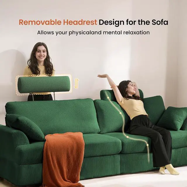 Alt view image 6 of 7 - 87" Cloud Comfy Sofa Couch with Deep Seat and Thick Cushion, Corduroy Upholstered Fabric Soft for Living Room Office, Green (Includes Headrest)