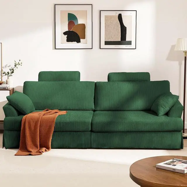 Alt view image 4 of 7 - 87" Cloud Comfy Sofa Couch with Deep Seat and Thick Cushion, Corduroy Upholstered Fabric Soft for Living Room Office, Green (Includes Headrest)