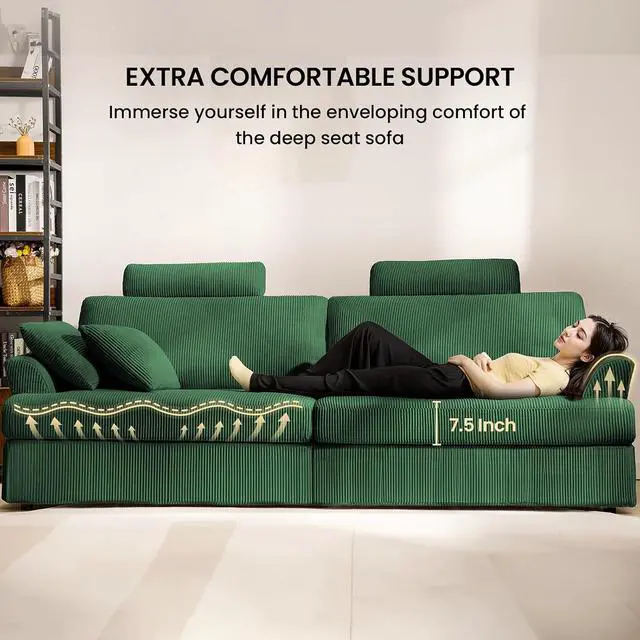 Alt view image 3 of 7 - 87" Cloud Comfy Sofa Couch with Deep Seat and Thick Cushion, Corduroy Upholstered Fabric Soft for Living Room Office, Green (Includes Headrest)