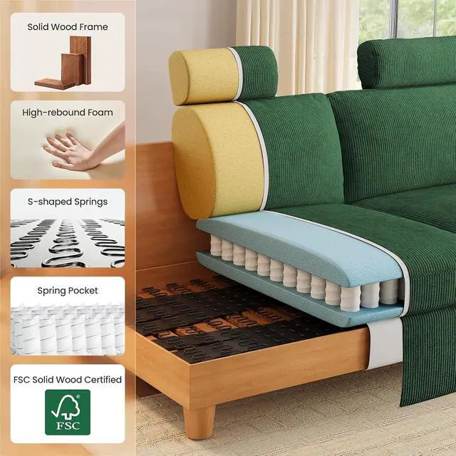 Alt view image 5 of 7 - 87" Cloud Comfy Sofa Couch with Deep Seat and Thick Cushion, Corduroy Upholstered Fabric Soft for Living Room Office, Green (Includes Headrest)