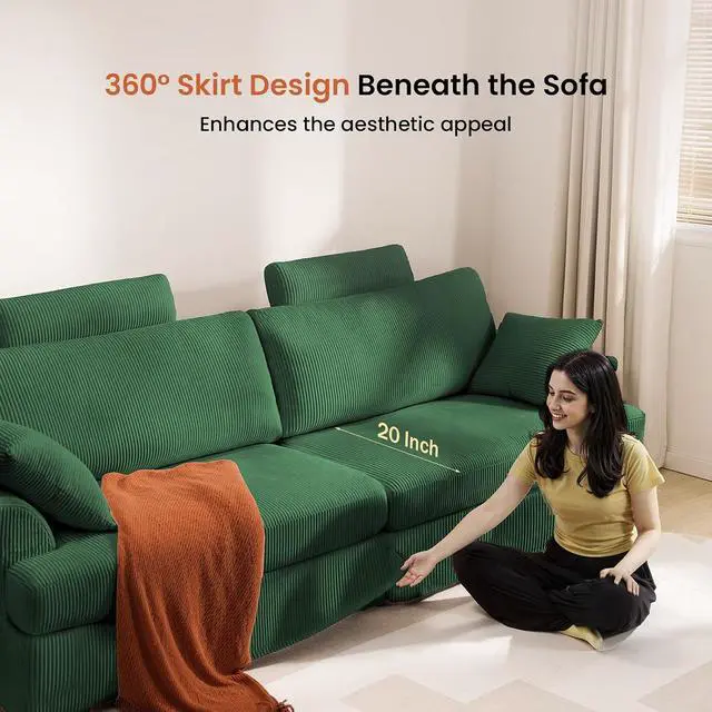 Alt view image 7 of 7 - 87" Cloud Comfy Sofa Couch with Deep Seat and Thick Cushion, Corduroy Upholstered Fabric Soft for Living Room Office, Green (Includes Headrest)