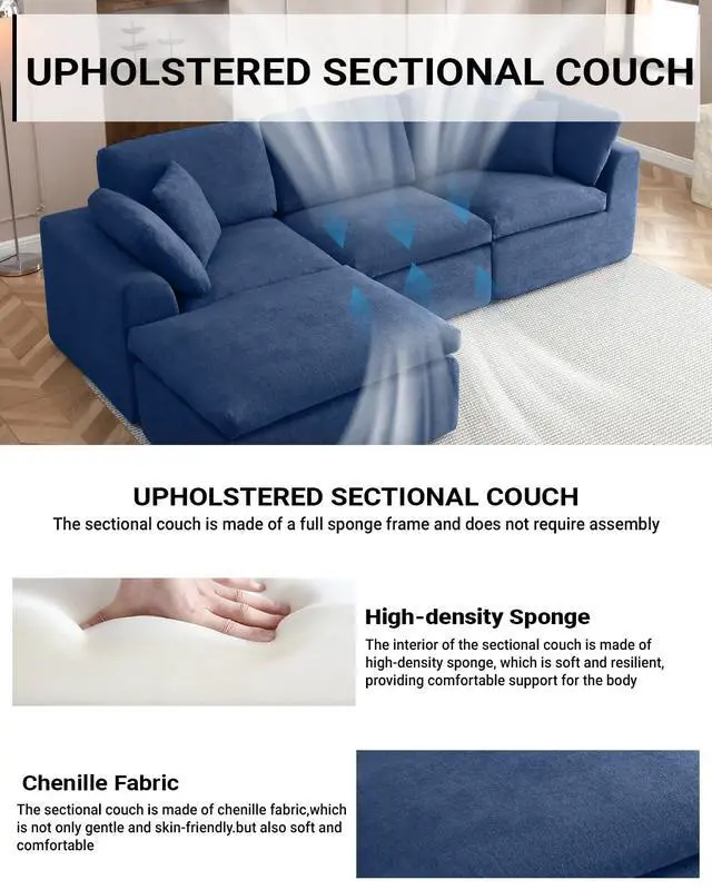Alt view image 3 of 6 - 111" Cloud Modular Sectional Sofa, Deep Seat Memory Foam L-Shape Couch with Ottoman, Convertible Modular Sofa Couch for Living Room Apartment, Upholstered Boneless Sectional, No Assembly (Blue)