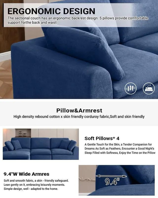 Alt view image 4 of 6 - 111" Cloud Modular Sectional Sofa, Deep Seat Memory Foam L-Shape Couch with Ottoman, Convertible Modular Sofa Couch for Living Room Apartment, Upholstered Boneless Sectional, No Assembly (Blue)