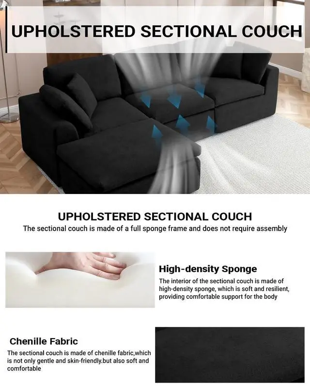 Alt view image 3 of 6 - 111" Cloud Modular Sectional Sofa, Deep Seat Memory Foam L-Shape Couch with Ottoman, Convertible Modular Sofa Couch for Living Room Apartment, Upholstered Boneless Sectional, No Assembly (Black)