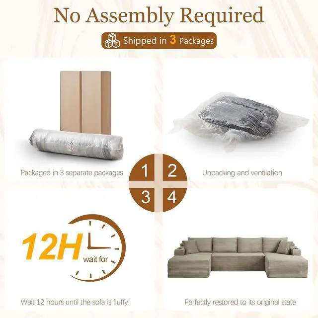Alt view image 5 of 7 - 134" Modular Sectional Sofa, Boneless Cloud Couch for Living Room, U Shaped 5 Seat Sleeper Sofa with 2 Storage Pockets& 2 Cup Holders, Free Combination, No Assembly Required (Camel)