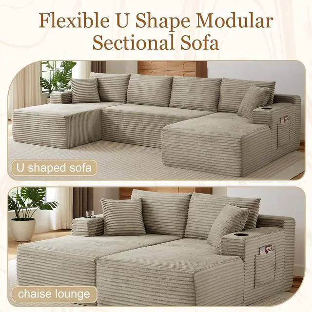 Alt view image 6 of 7 - 134" Modular Sectional Sofa, Boneless Cloud Couch for Living Room, U Shaped 5 Seat Sleeper Sofa with 2 Storage Pockets& 2 Cup Holders, Free Combination, No Assembly Required (Camel)