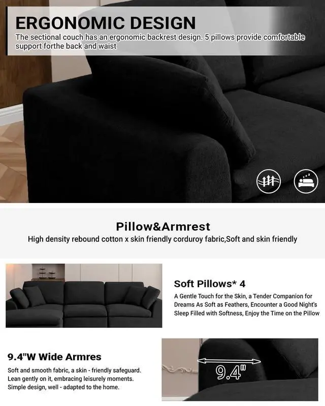 Alt view image 4 of 6 - 111" Cloud Modular Sectional Sofa, Deep Seat Memory Foam L-Shape Couch with Ottoman, Convertible Modular Sofa Couch for Living Room Apartment, Upholstered Boneless Sectional, No Assembly (Black)