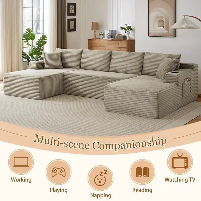 Alt view image 7 of 7 - 134" Modular Sectional Sofa, Boneless Cloud Couch for Living Room, U Shaped 5 Seat Sleeper Sofa with 2 Storage Pockets& 2 Cup Holders, Free Combination, No Assembly Required (Camel)