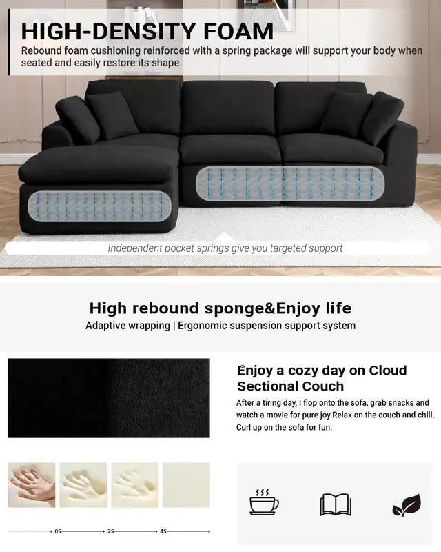 Alt view image 5 of 6 - 111" Cloud Modular Sectional Sofa, Deep Seat Memory Foam L-Shape Couch with Ottoman, Convertible Modular Sofa Couch for Living Room Apartment, Upholstered Boneless Sectional, No Assembly (Black)