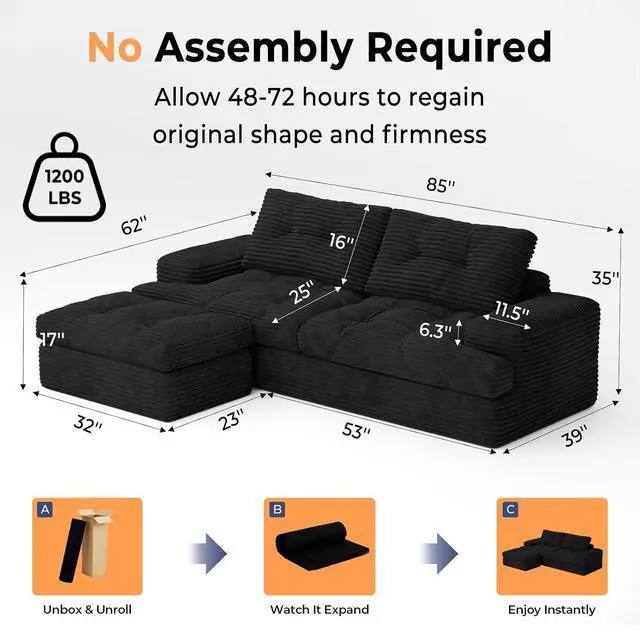 Alt view image 2 of 6 - 85" Modular Sectional Sofa for Living Room, L-Shaped Corduroy Cloud Couch with Ottoman, Two-Layer Cushion, No Assembly Boneless Sofa, Black