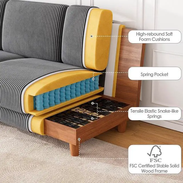Alt view image 6 of 7 - 101" Oversized Corduroy Sofa with Storage, 24" Extra Deep Seat Couch, Comfy Upholstered with Cup Holder, 2 Pillows, Gray